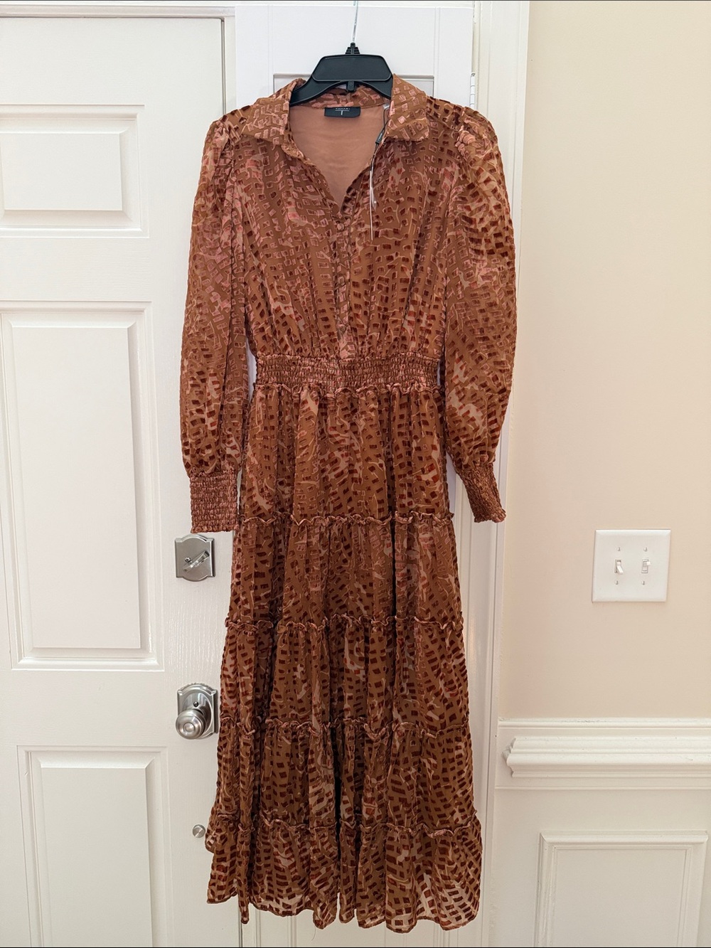 Tahari Brown Tiered Long Sleeve Maxi Dress
